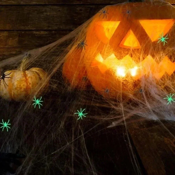 Spider web decoration with‎ glow in the dark spiders 1.5 pounds of webs - Picture 1 of 3